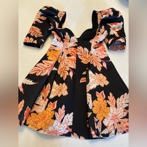 Tropical print deep V mini dress